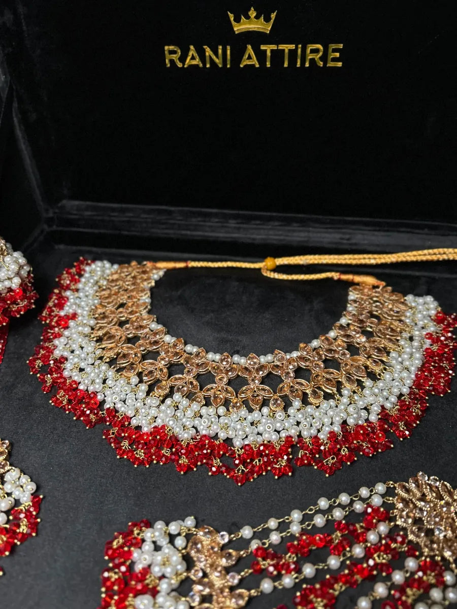 Red & Gold Necklace set, with heavily beaded Earrings & tikka - Jewelsbyrani