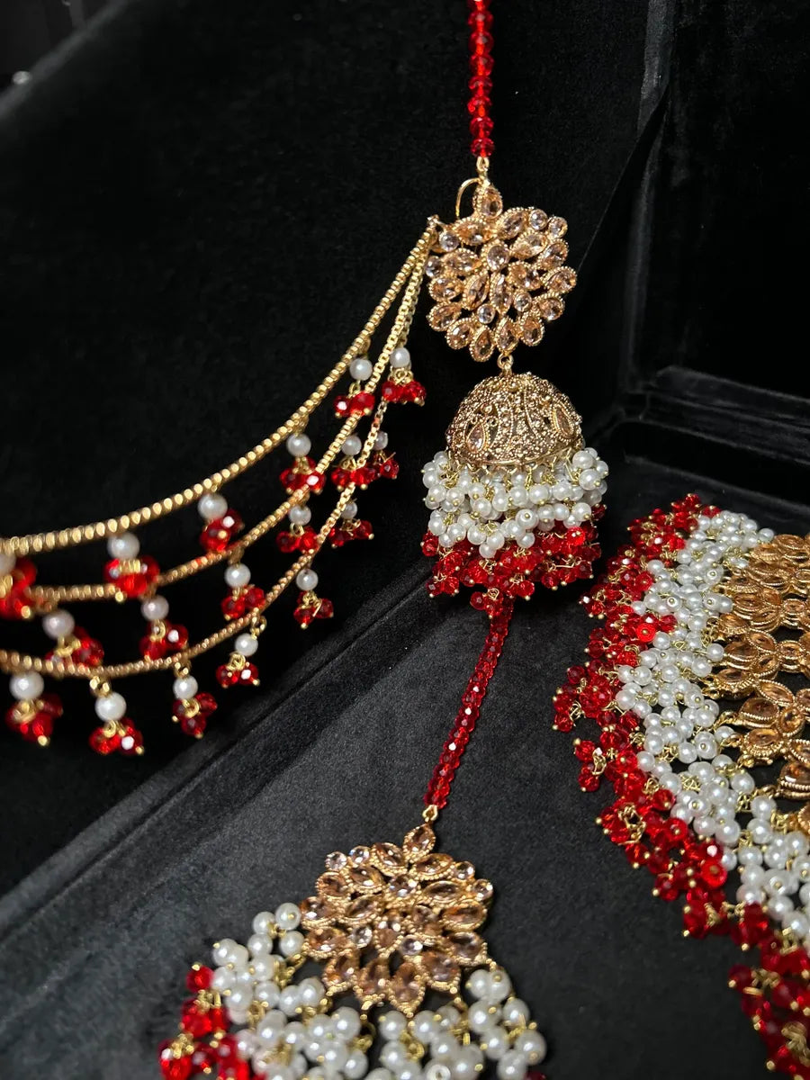 Red & Gold Necklace set, with heavily beaded Earrings & tikka - Jewelsbyrani