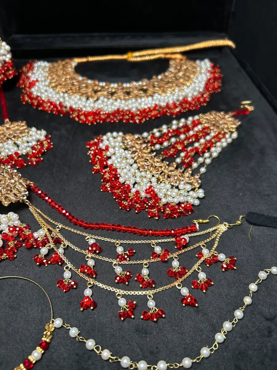 Red & Gold Necklace set, with heavily beaded Earrings & tikka - Jewelsbyrani