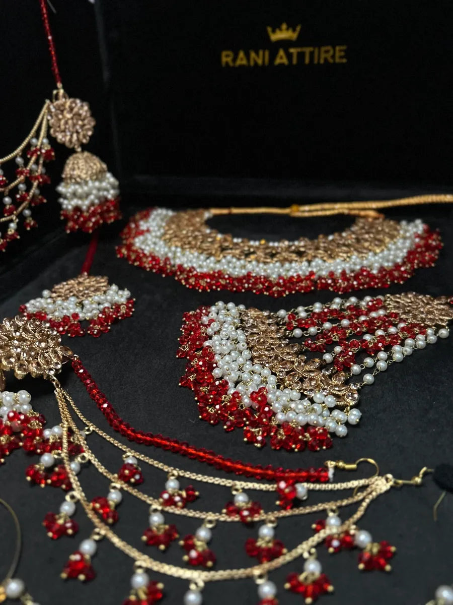 Red & Gold Necklace set, with heavily beaded Earrings & tikka - Jewelsbyrani