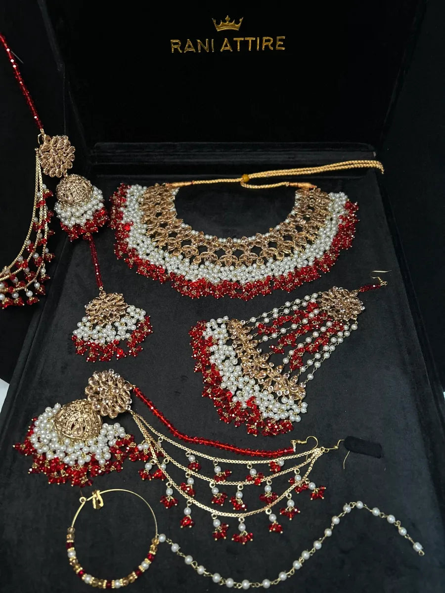 Red & Gold Necklace set, with heavily beaded Earrings & tikka - Jewelsbyrani