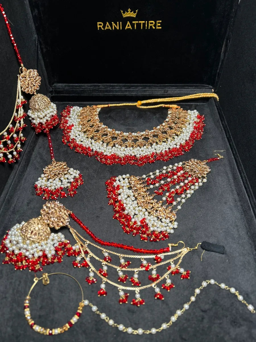 Red & Gold Necklace set, with heavily beaded Earrings & tikka