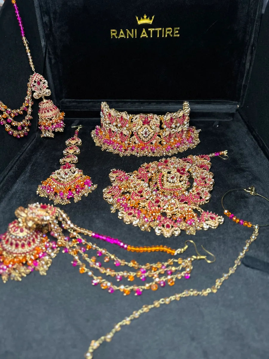 Gold + Hot Pink & Orange Choker necklace set, with heavily beaded earrings & tikka - Jewelsbyrani