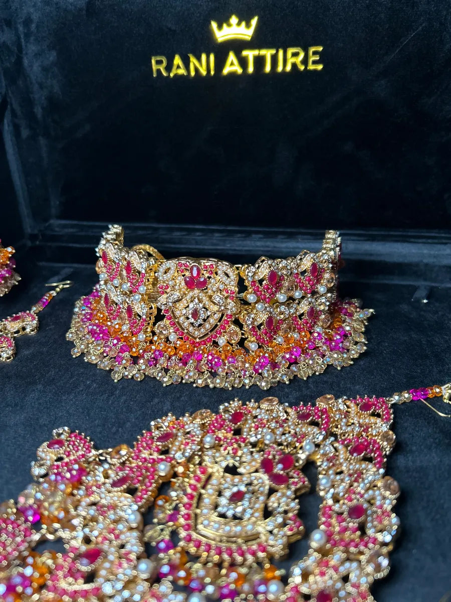 Gold + Hot Pink & Orange Choker necklace set, with heavily beaded earrings & tikka - Jewelsbyrani