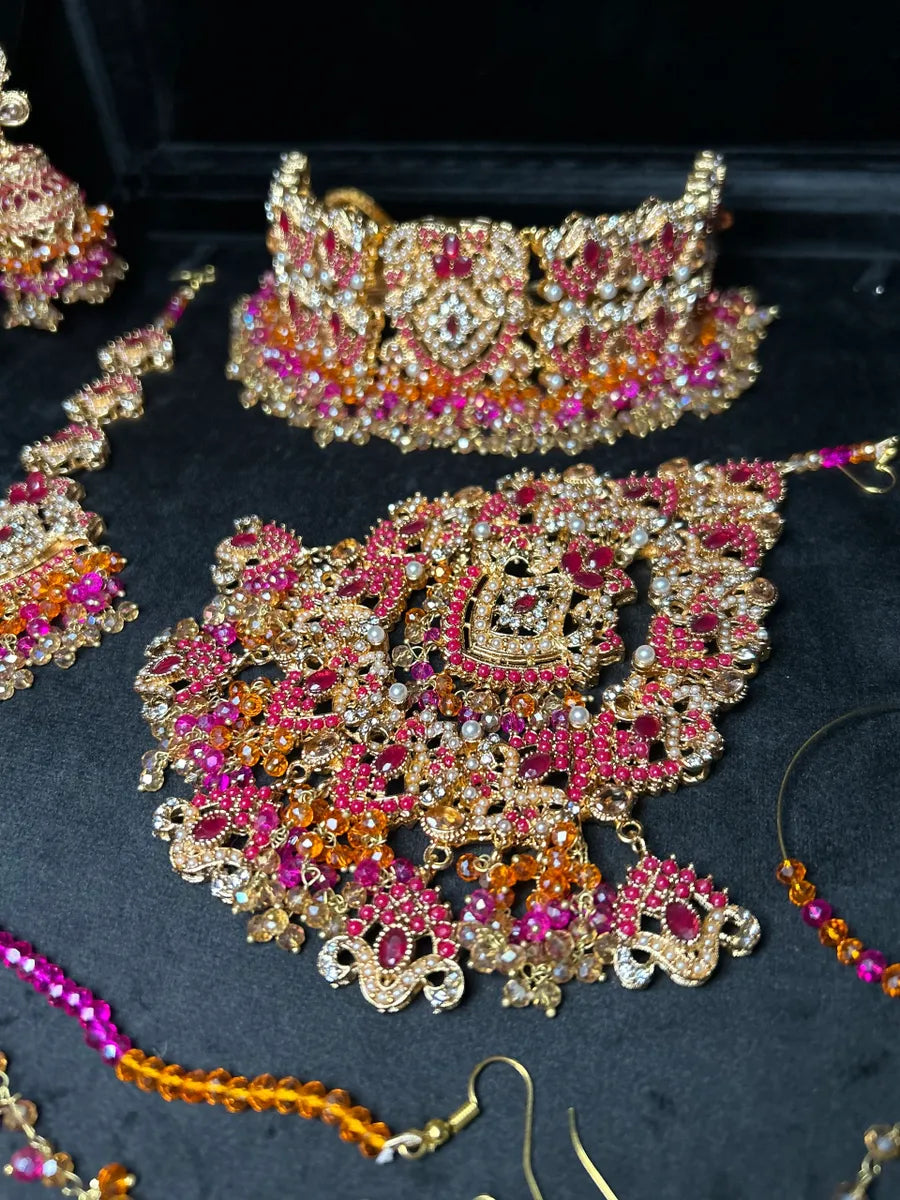 Gold + Hot Pink & Orange Choker necklace set, with heavily beaded earrings & tikka - Jewelsbyrani