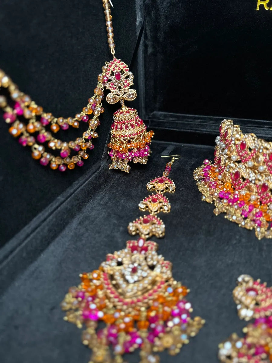Gold + Hot Pink & Orange Choker necklace set, with heavily beaded earrings & tikka