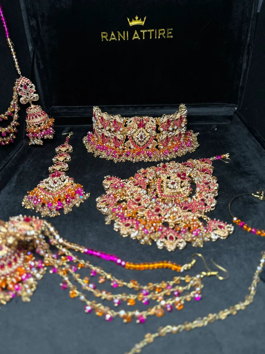 Gold + Hot Pink & Orange Choker necklace set, with heavily beaded earrings & tikka