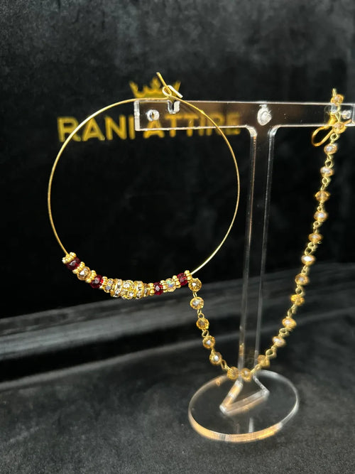 Bridal Gold & Maroon Beaded Bridal Nose Hoop/ Naath/ Nathli with Beaded Chain - Jewelsbyrani