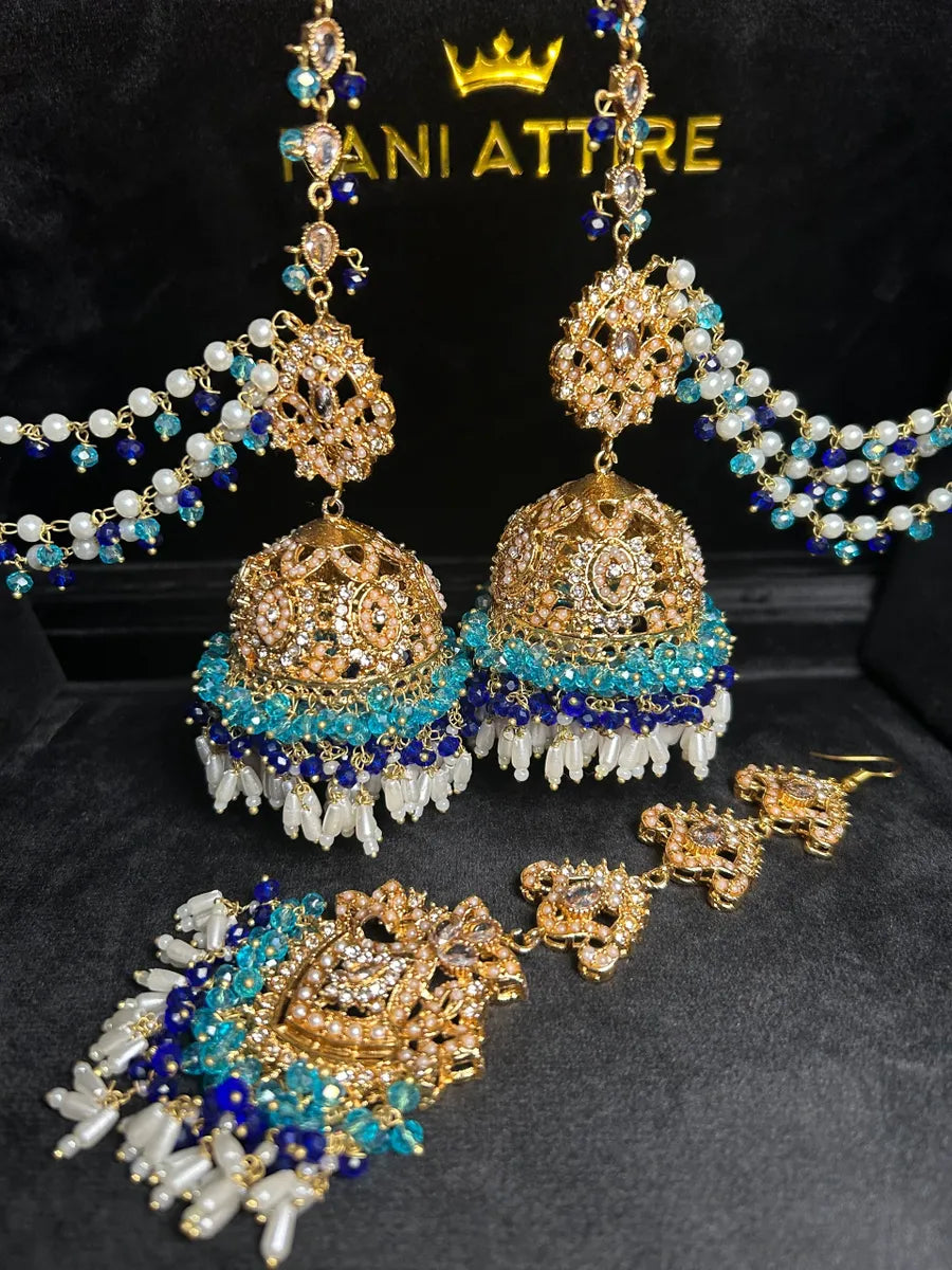 Light blue / Royal Blue Multi Coloured Jhumkes & Tikka Set - Jewelsbyrani