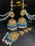 Light blue / Royal Blue Multi Coloured Jhumkes & Tikka Set - Jewelsbyrani