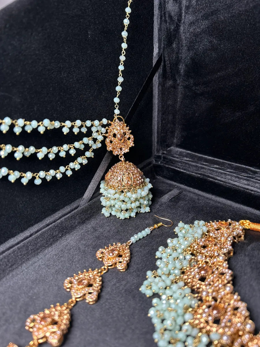 Icy Sage Green & Gold Bridal Set - Jewelsbyrani