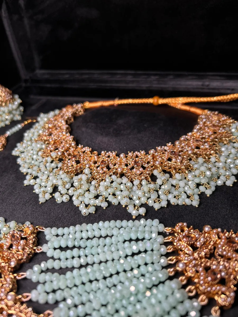 Icy Sage Green & Gold Bridal Set - Jewelsbyrani