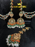 Green & Orange Jhumkes & Tikka Set with Saharas - Jewelsbyrani