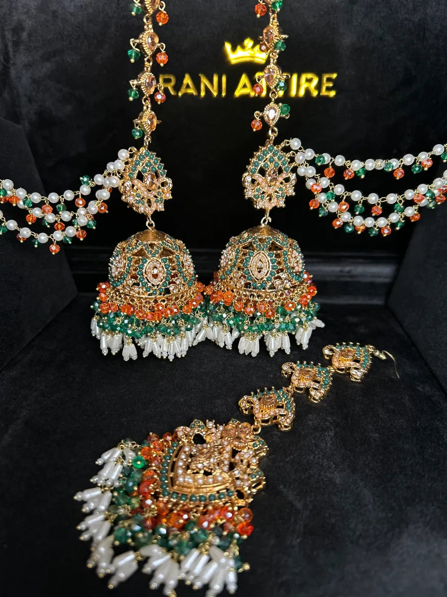 Green & Orange Jhumkes & Tikka Set with Saharas