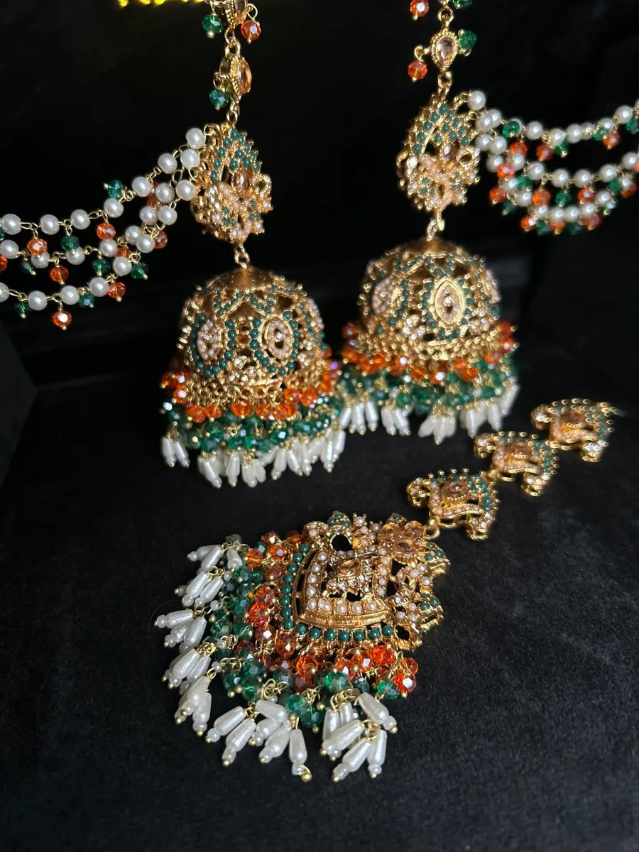 Green & Orange Jhumkes & Tikka Set with Saharas - Jewelsbyrani