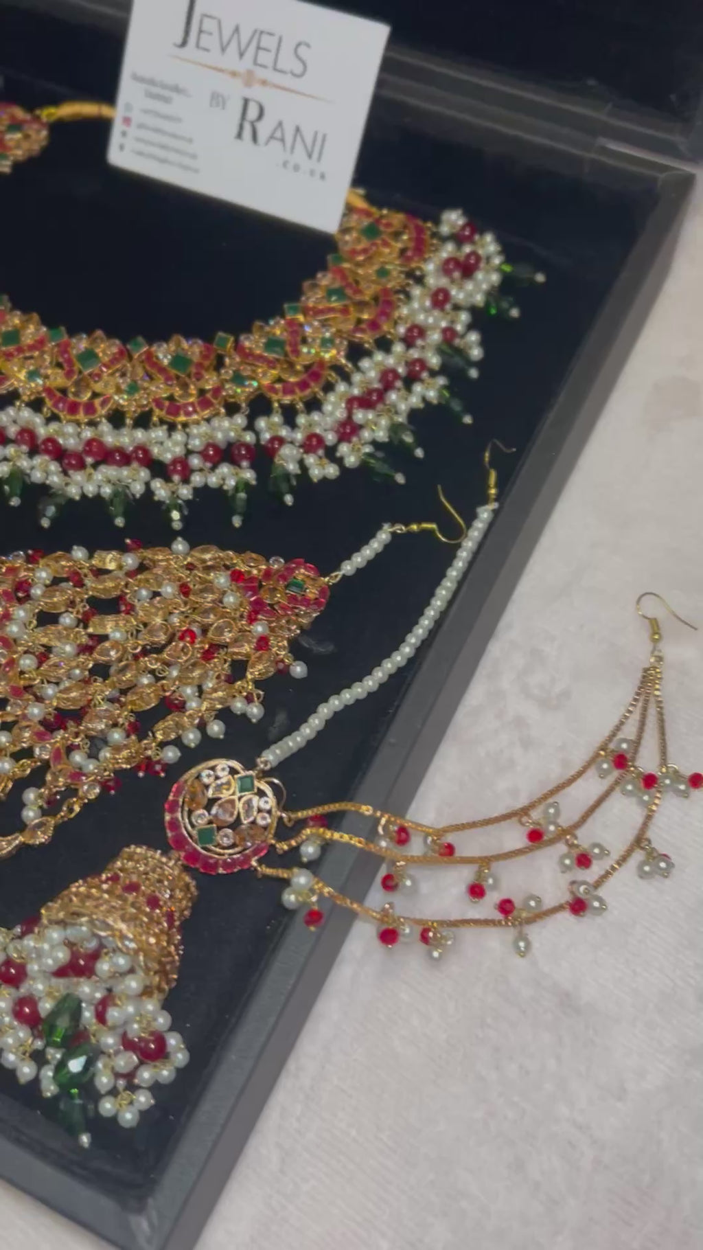 Beautiful Dark Red, Green Drop Crystal and White Kundan Full Bridal Jewellery Set/ Style 17304