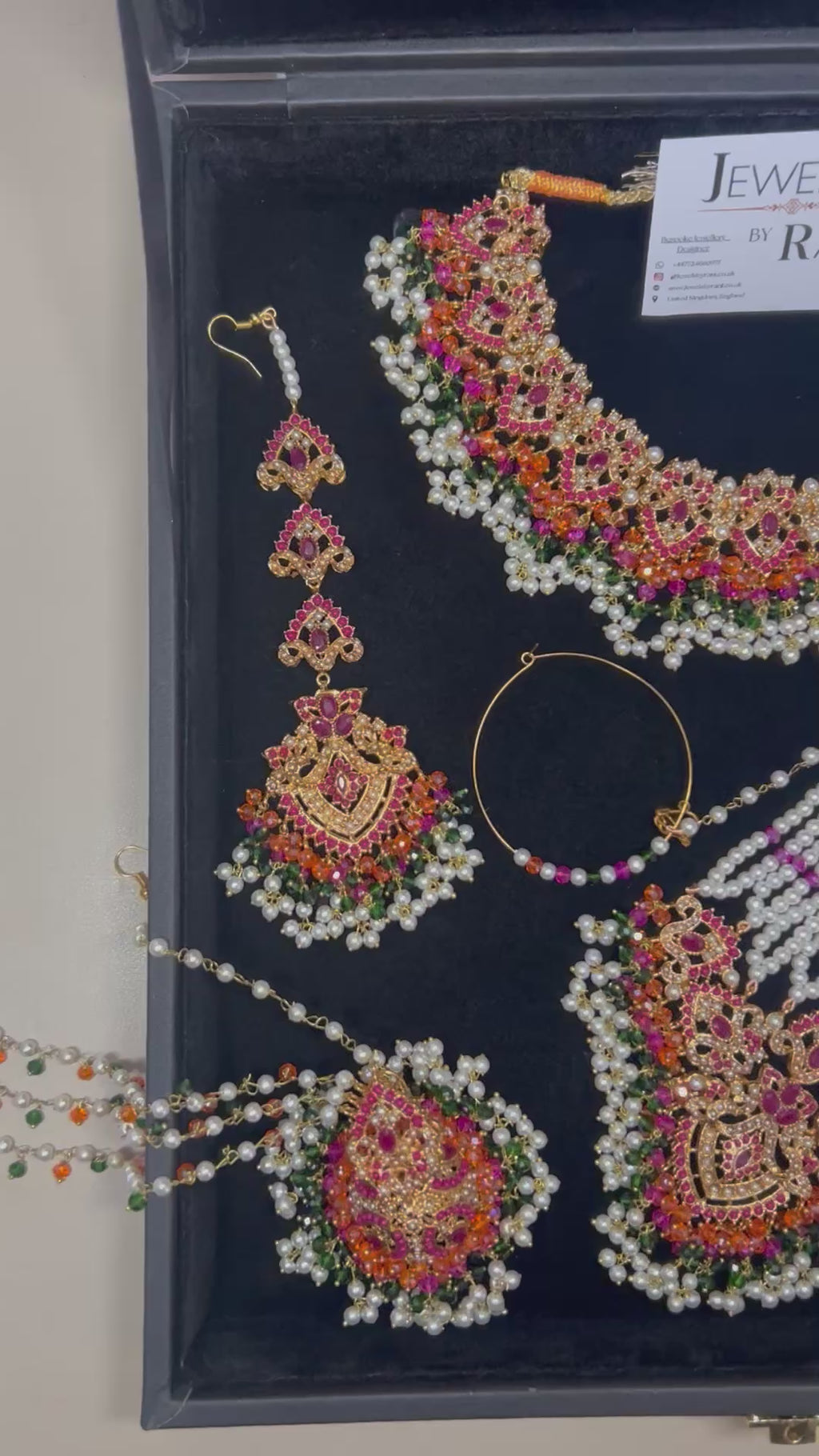 Green, Hot pink, Gold & White coloured necklace set, with heavily beaded Jhumkies & tikka (Copy)
