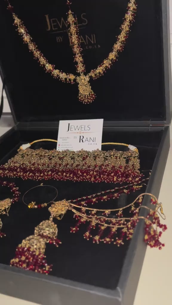 Pre Order 6 Weeks- 22crt Gold Plated Maroon Matha Patti Bridal Jewellery Set With Choker